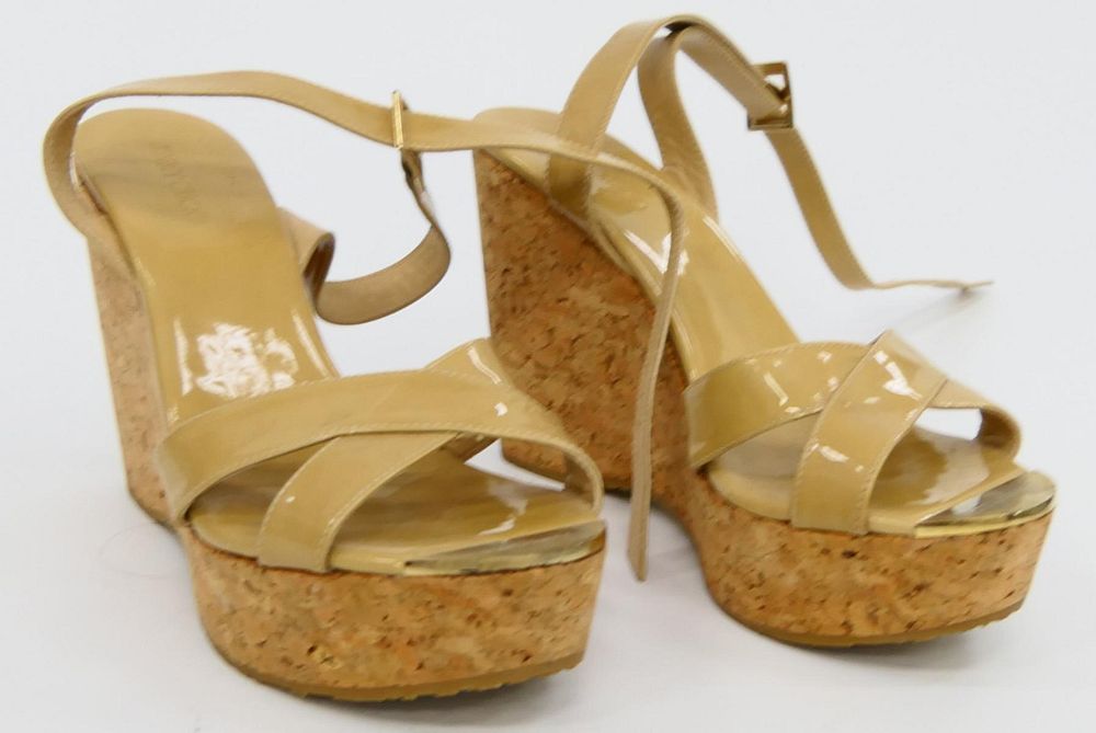 Appraisal: JIMMY CHOO CORK AND LEATHER HIGH HEEL SHOES Size Made