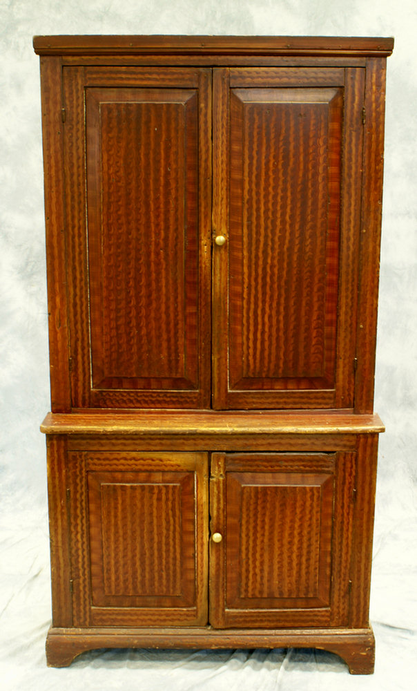 Appraisal: pc painted stepback wall cupboard original reddish brown combed finish