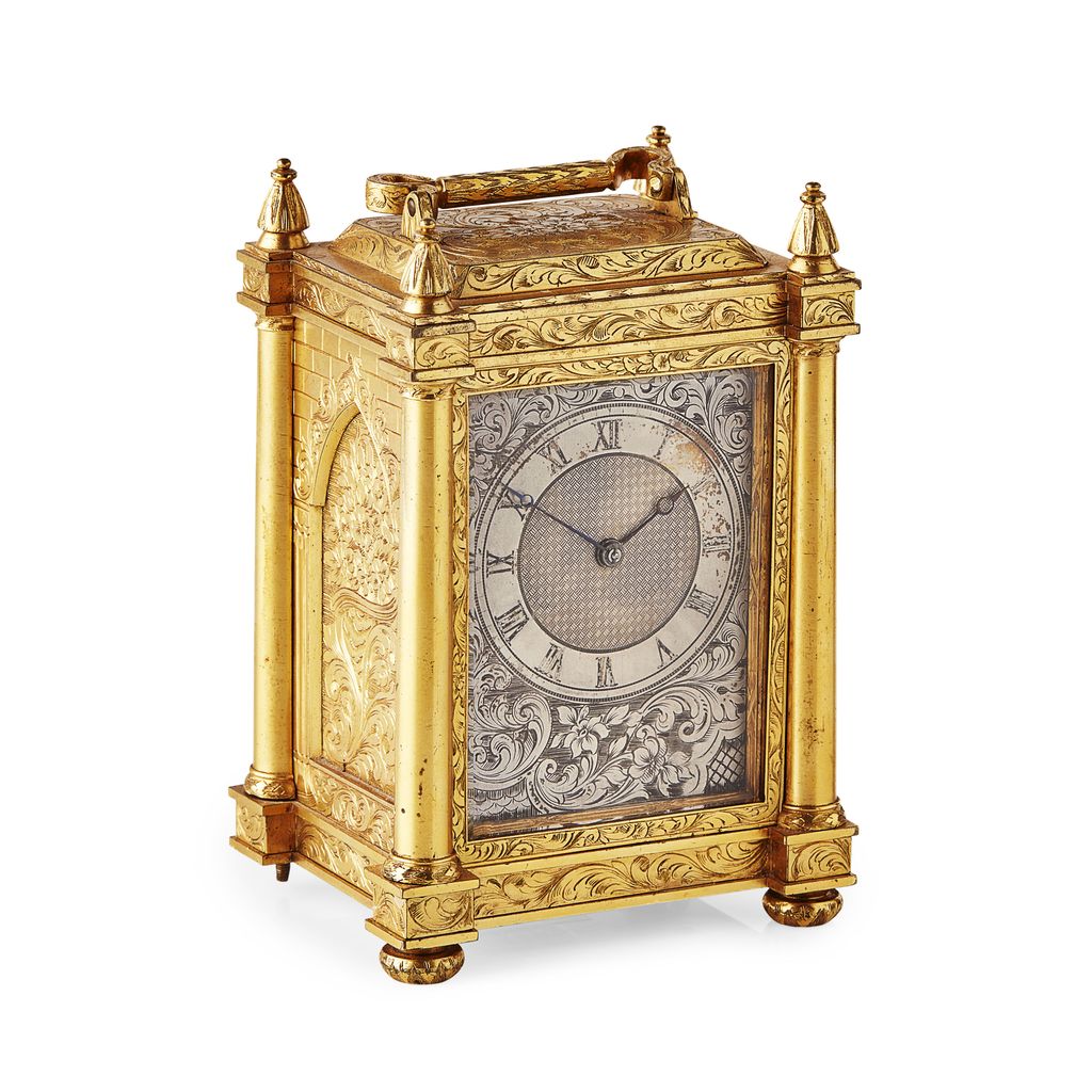 Appraisal: ENGRAVED GILT BRASS CARRIAGE CLOCK TH CENTURY enclosing a silvered