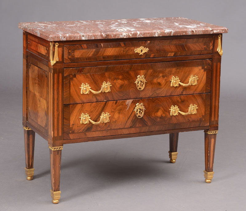 Appraisal: LOUIS XVI ORMOLU-MOUNTED KINGWOOD AND TULIPWOOD PARQUETRY COMMODE With a