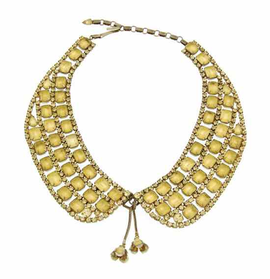 Appraisal: A Yellow Rhinestone Collar Necklace three rows of rectangular matte