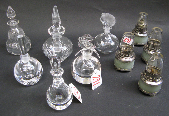 Appraisal: COLLECTION OF SIX CLEAR CRYSTAL PERFUMES AND MINIATURE OIL LAMPS