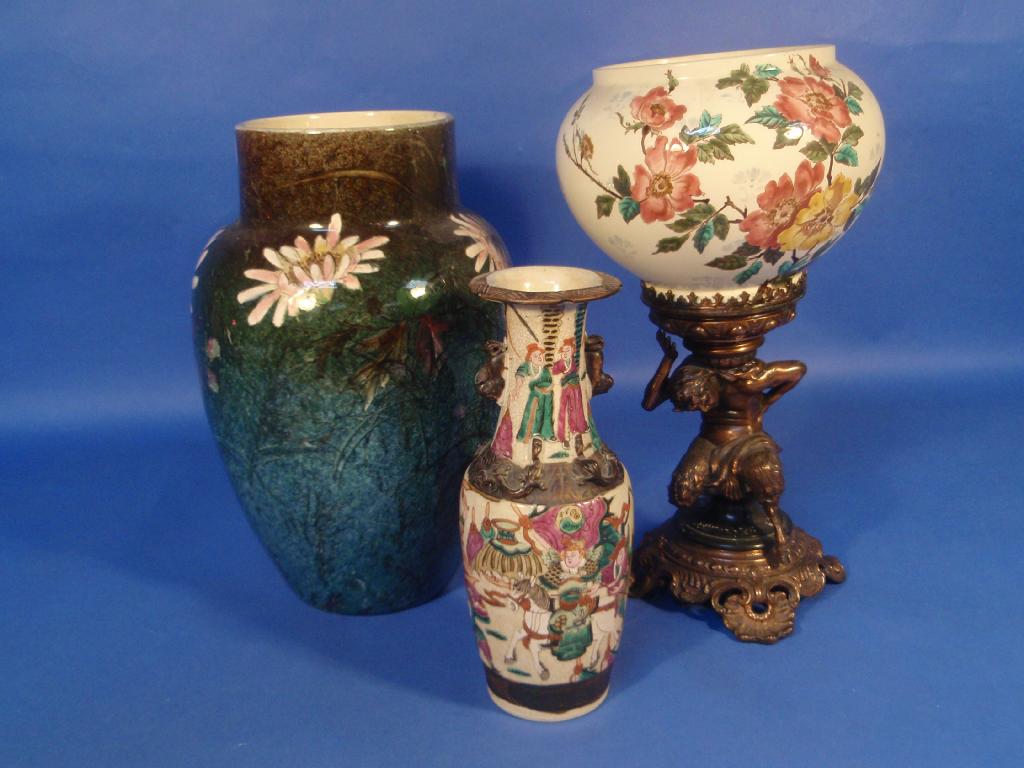 Appraisal: A Victorian floral painted pottery baluster vase high Pan pedestal