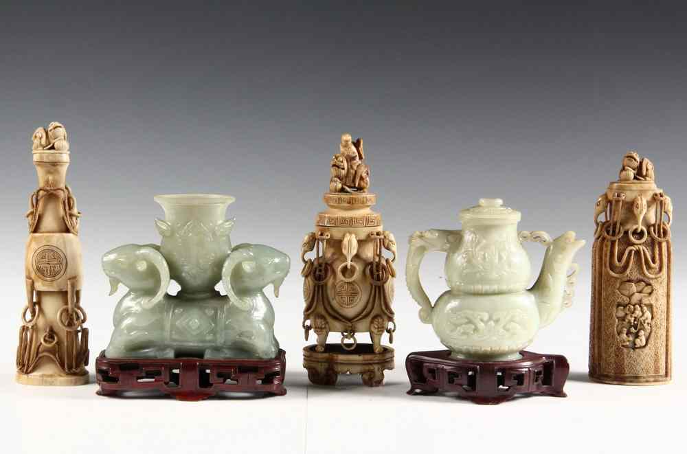 Appraisal: CHINESE BONE VASES JADE CARVINGS - Three Early th c