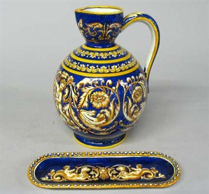 Appraisal: Gien faience pitcher and a pen tray early th century