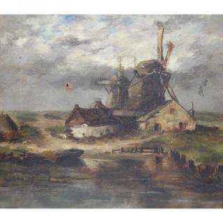 Appraisal: th C Dutch Oil on Canvas Portrays windmill by water