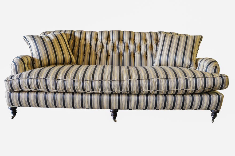 Appraisal: GEORGE SMITH STYLE UPHOLSTERED SOFAcovered with black beige and gold