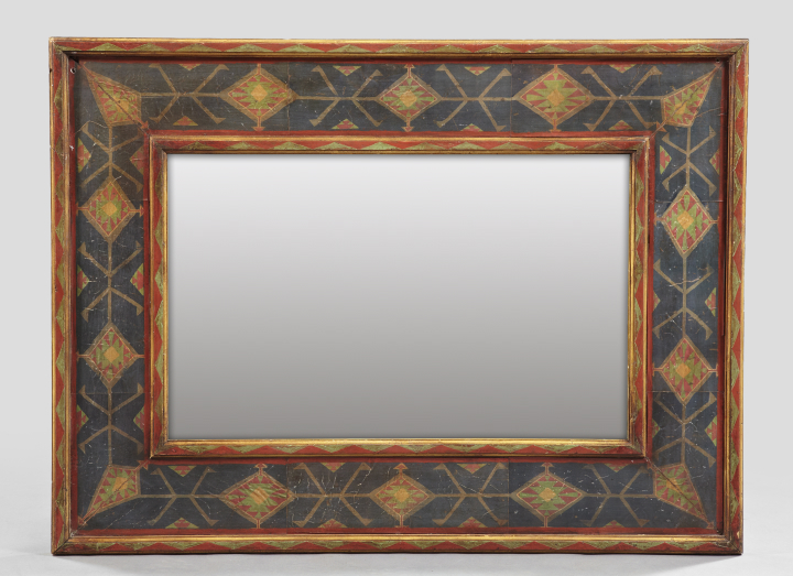 Appraisal: American Parcel-Gilt Wood and Polychromed Wallpaper-Lined Looking Glass second quarter