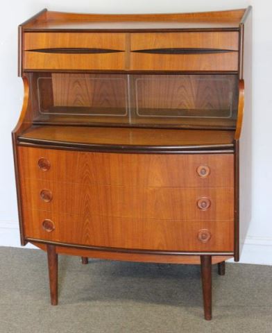 Appraisal: Midcentury Danish Teak Secretary Desk Etched glass sliding doors to