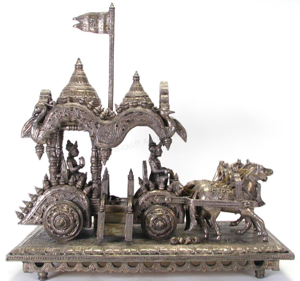 Appraisal: Hindu Silver Clad Wooden Arjuna and Carriage ornate wooden sculpture