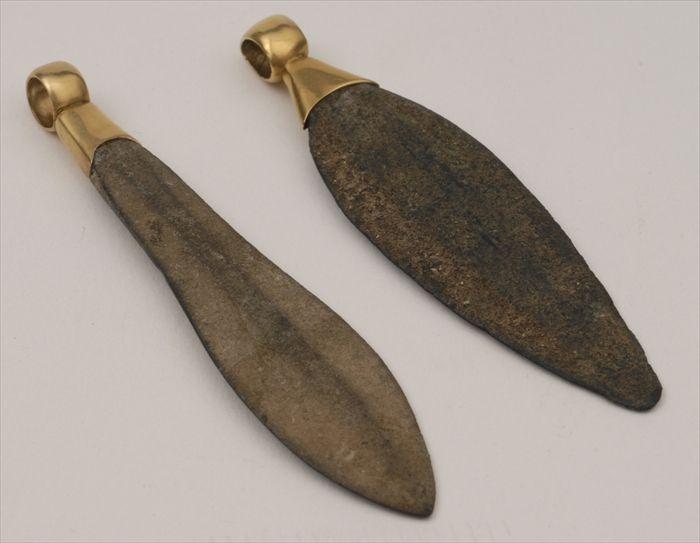 Appraisal: TWO BRONZE LEAF-SHAPED SPEARHEADS MOUNTED AS PENDANTS in in Provenance