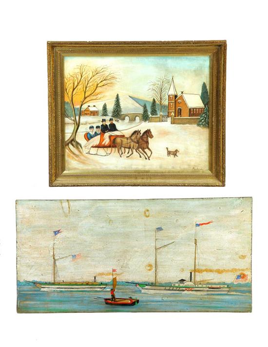 Appraisal: TWO PAINTINGS AMERICAN LATE TH CENTURY Oil on canvas sledding