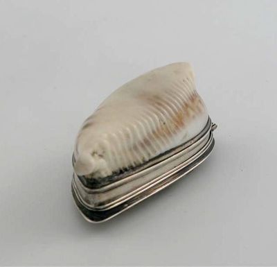 Appraisal: A George III mounted cowrie shell snuff box the hinged