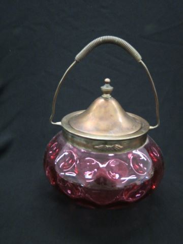 Appraisal: Cranberry Art Glass Biscuit Jar coin spot copper swing handle