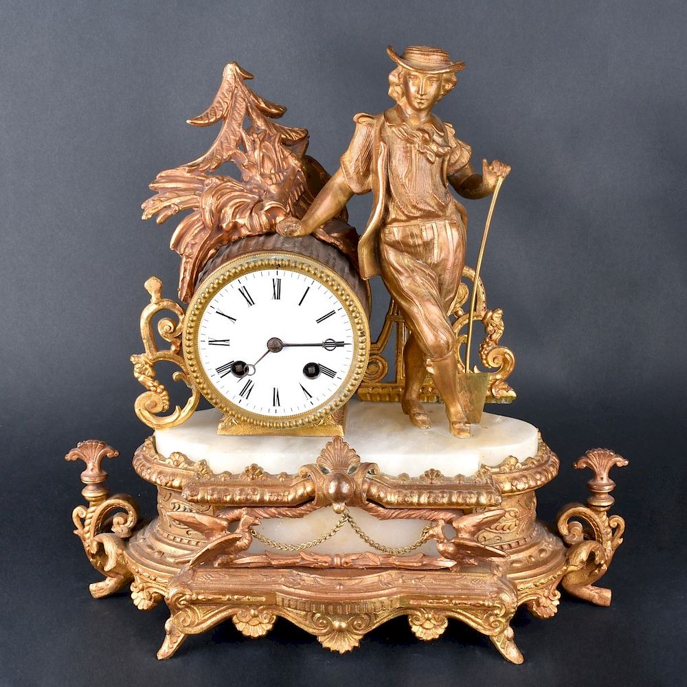 Appraisal: French Metal Mantle Clock Antique French Metal Figural Mantle Clock