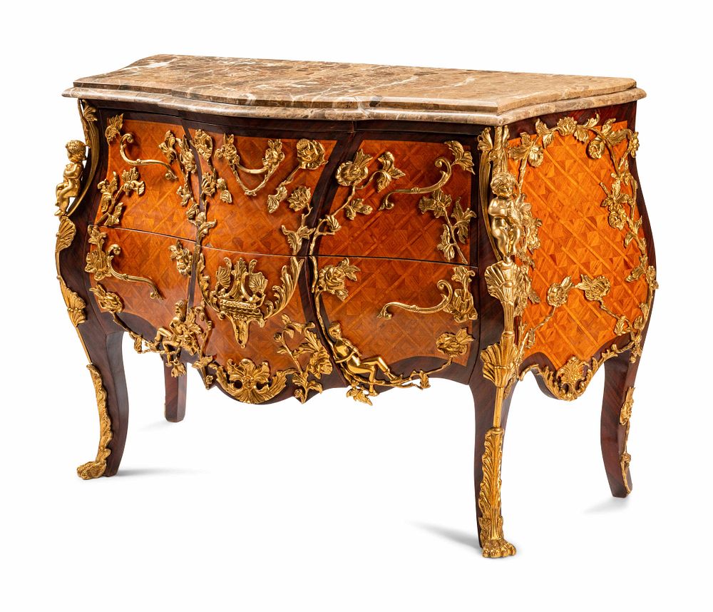 Appraisal: A Louis XV Style Gilt Bronze Mounted Parquetry Marble-Top Commode