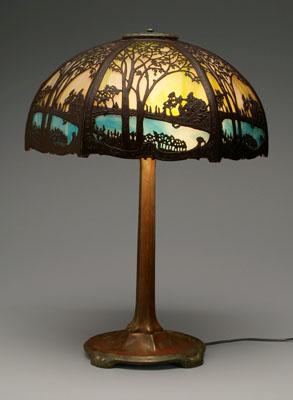 Appraisal: Tiffany style stained glass lamp footed bronze base tapered and