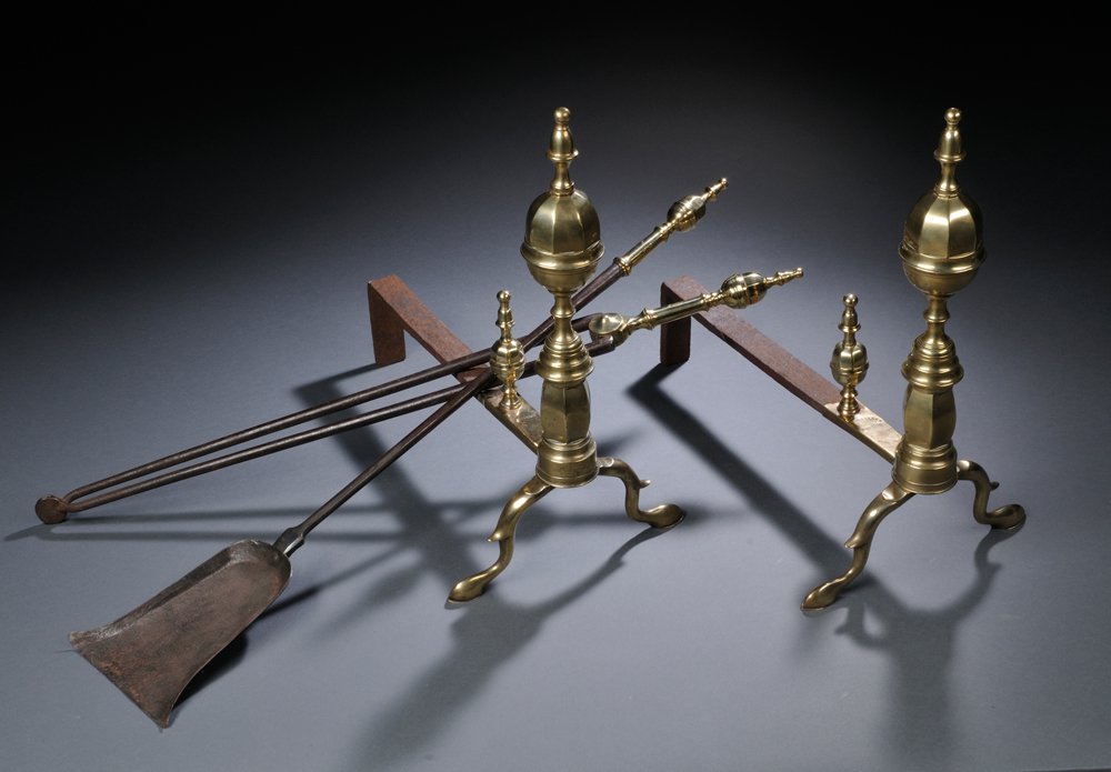 Appraisal: Brass and Iron Faceted Belted Lemon-top Andirons with Two Matching