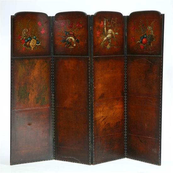 Appraisal: FOUR PART SCREEN Leather on wood with handpainted floral and