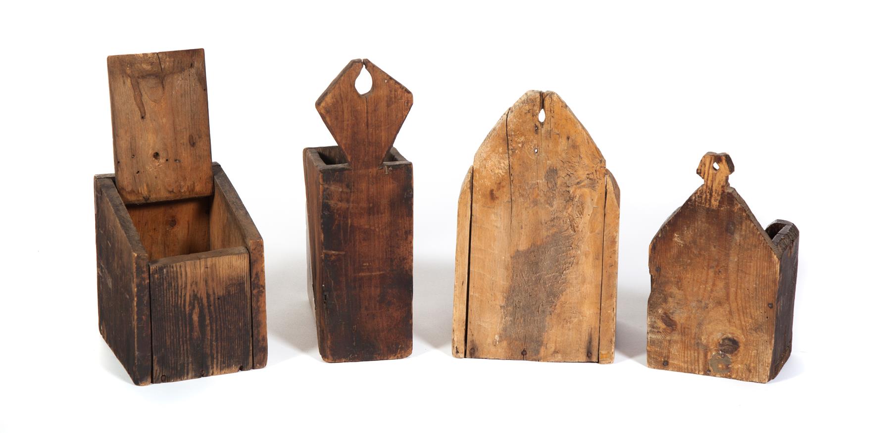 Appraisal: FOUR PRIMITIVE HANGING BOXES American nd half- th century Oak