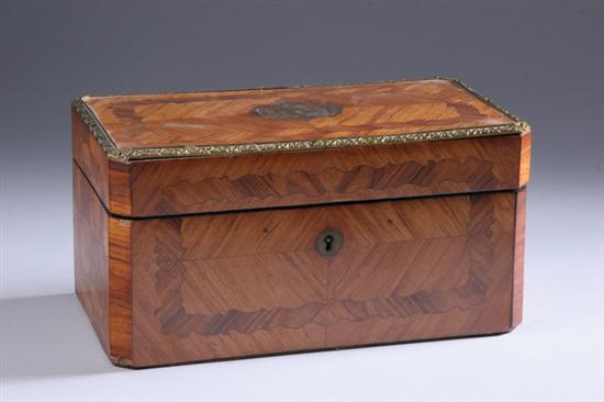 Appraisal: FRENCH KINGWOOD AND ROSEWOOD MARQUETRY TEA CADDY th century Rectangular