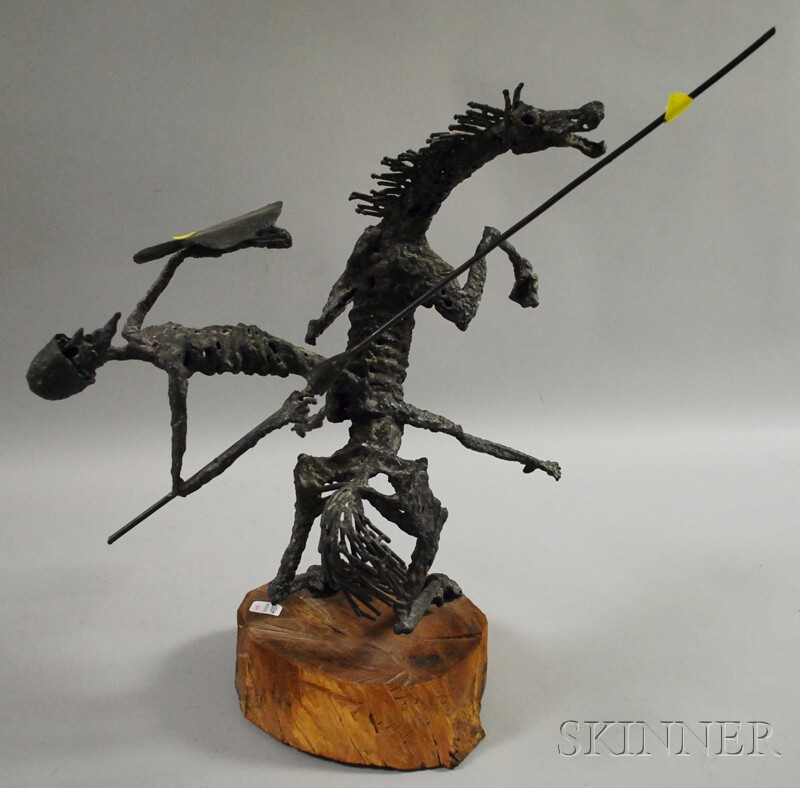 Appraisal: Modern Metal Don Quixote and Horse Sculpture with wood base