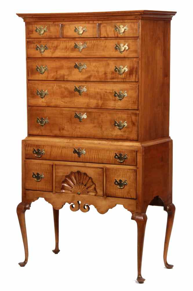 Appraisal: HIGHBOY - Queen Anne Tiger Maple Two-Part Highboy the upper