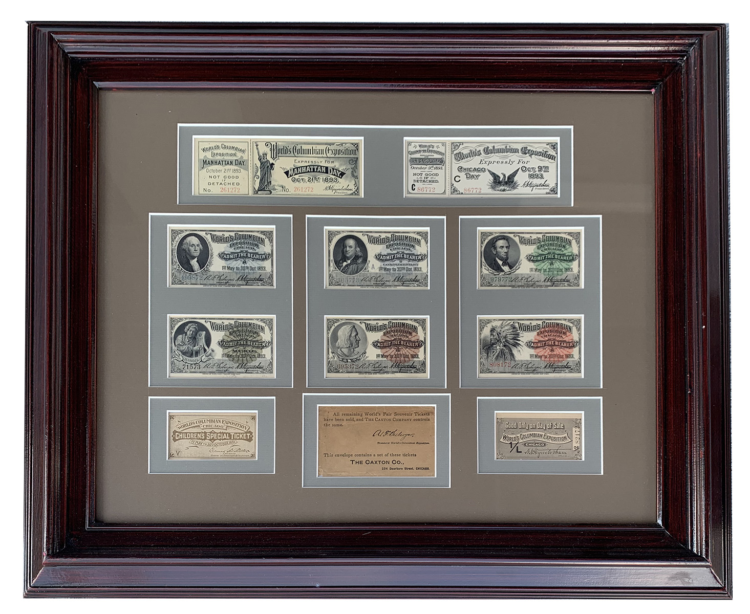 Appraisal: FRAMED COLUMBIAN EXPOSITION TICKETS Comprising World's fair tickets from and