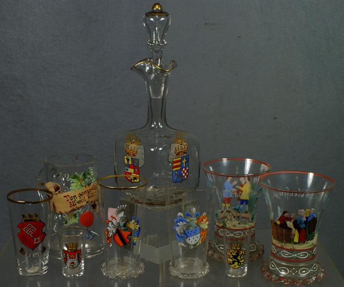 Appraisal: Lot of German enameled clear glass drinking vessels including decanter