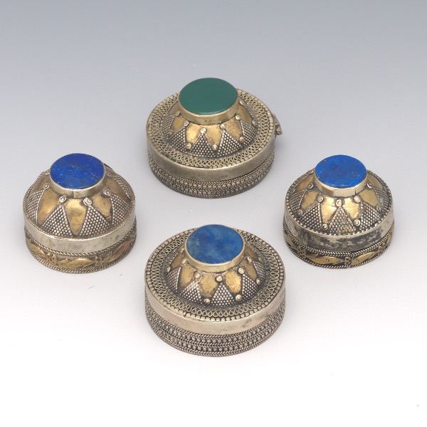 Appraisal: FOUR SASSIANAN STYLE VERMEIL GOLD ON SILVER TRINKET BOXES from