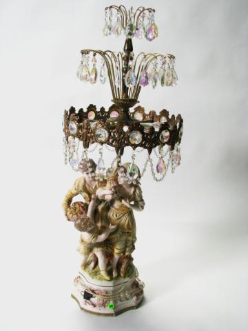 Appraisal: Bisque Porcelain Decorator Lamp depicting harvest family with bead and