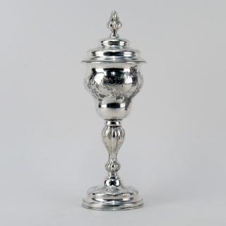 Appraisal: Antique Silver Judaica Repouss Standing Cup with Cover Antique Silver