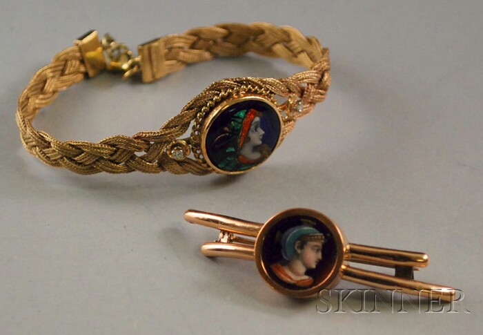 Appraisal: Two kt Gold and Enameled Portrait Jewelry Items a Soret