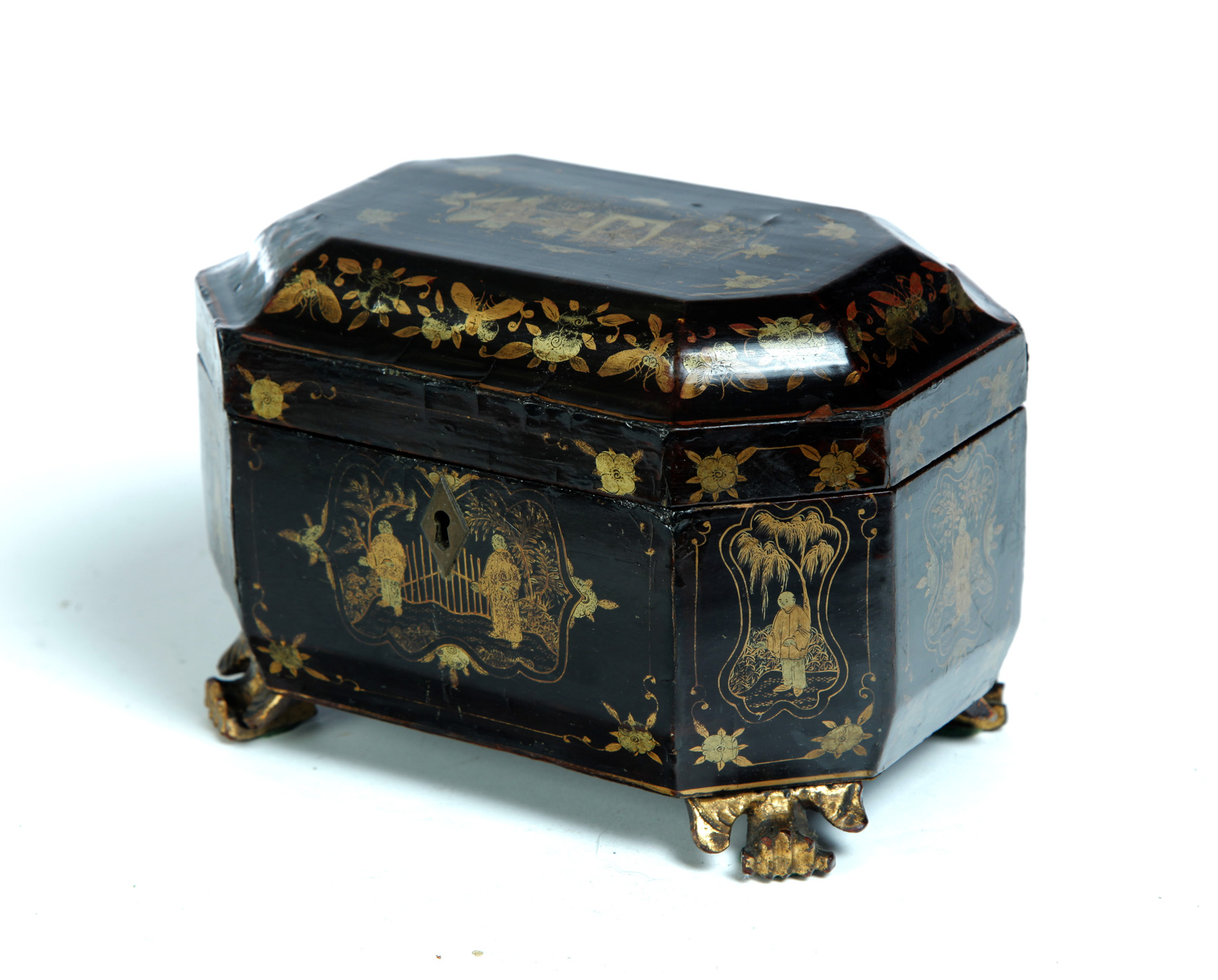 Appraisal: CHINESE EXPORT LACQUERED TEA CADDY Nineteenth century Octagonal with black