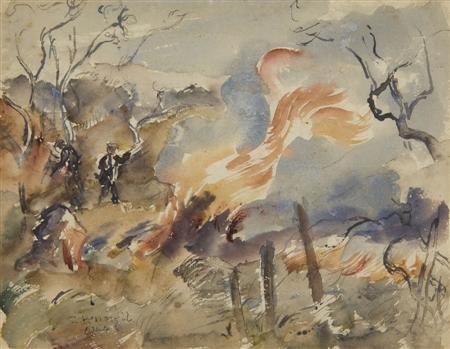 Appraisal: THOMAS HENNELL - BURNING STUBBLE Signed and dated watercolour over