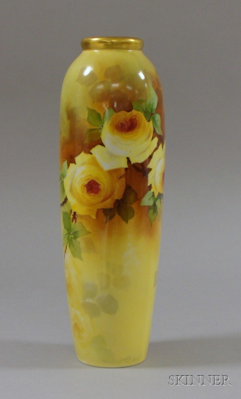 Appraisal: Limoges Hand-painted Yellow Rose Decorated Porcelain Vase artist signed A