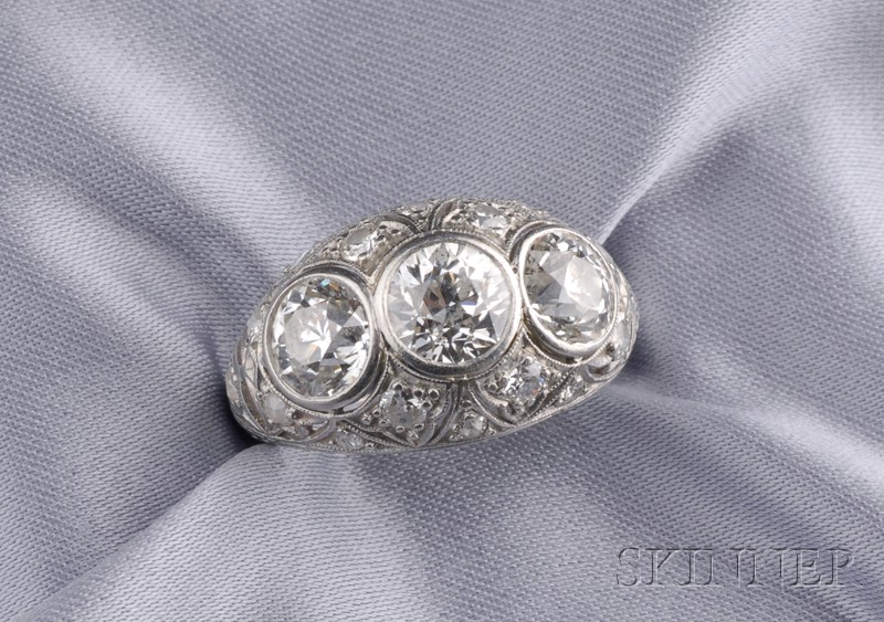 Appraisal: Art Deco Platinum and Diamond Three-stone Ring bezel-set with three