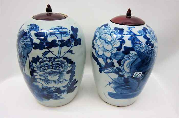 Appraisal: PAIR CHINESE BLUE AND WHITE PORCELAIN MELON JARS hand painted