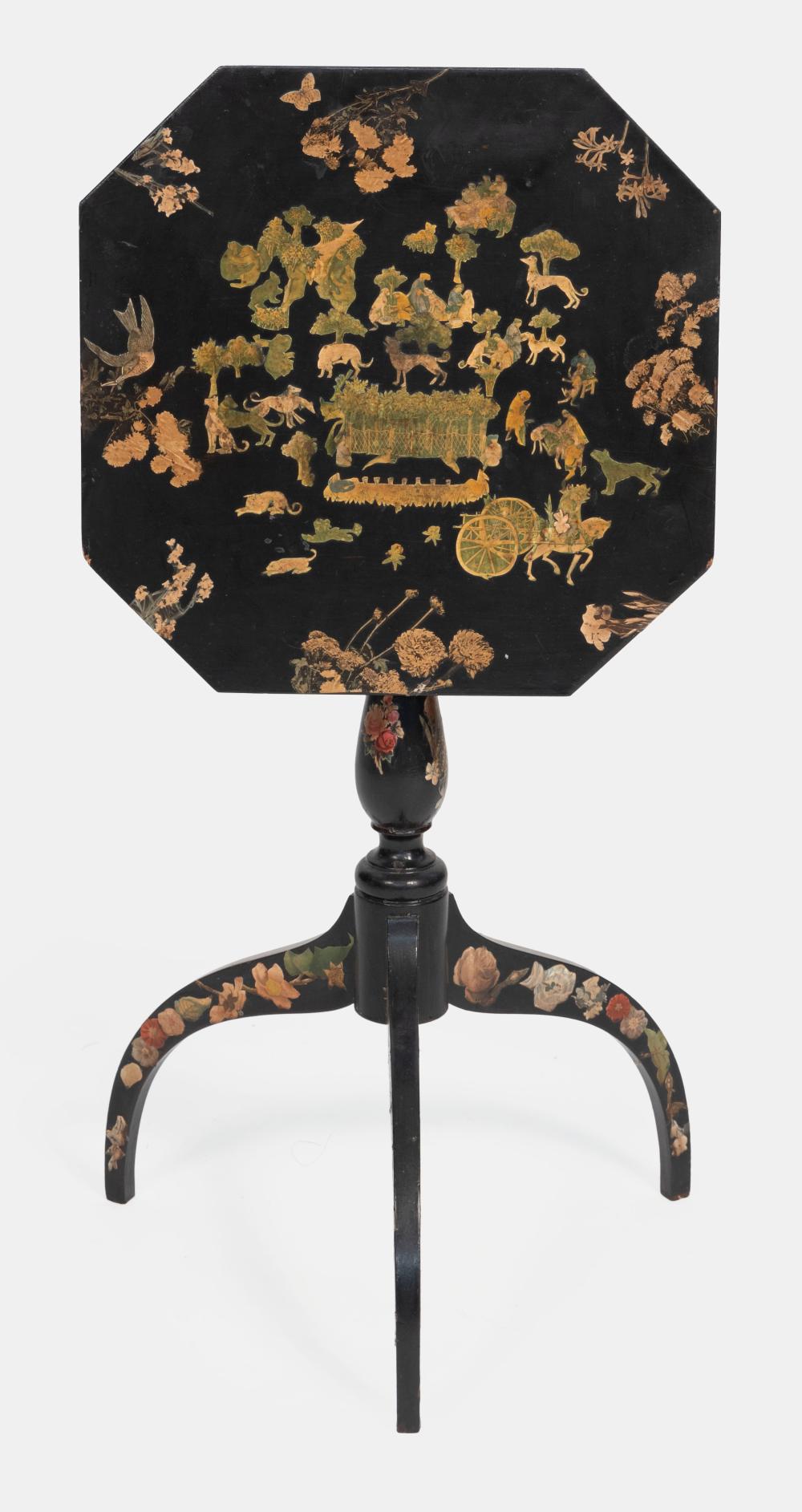 Appraisal: DECOUPAGED TILT-TOP CANDLESTAND EARLY TH CENTURY HEIGHT TOP X DECOUPAGED