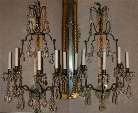 Appraisal: Pair of Louis XV Style Bronze and Crystal Five-Light Sconces