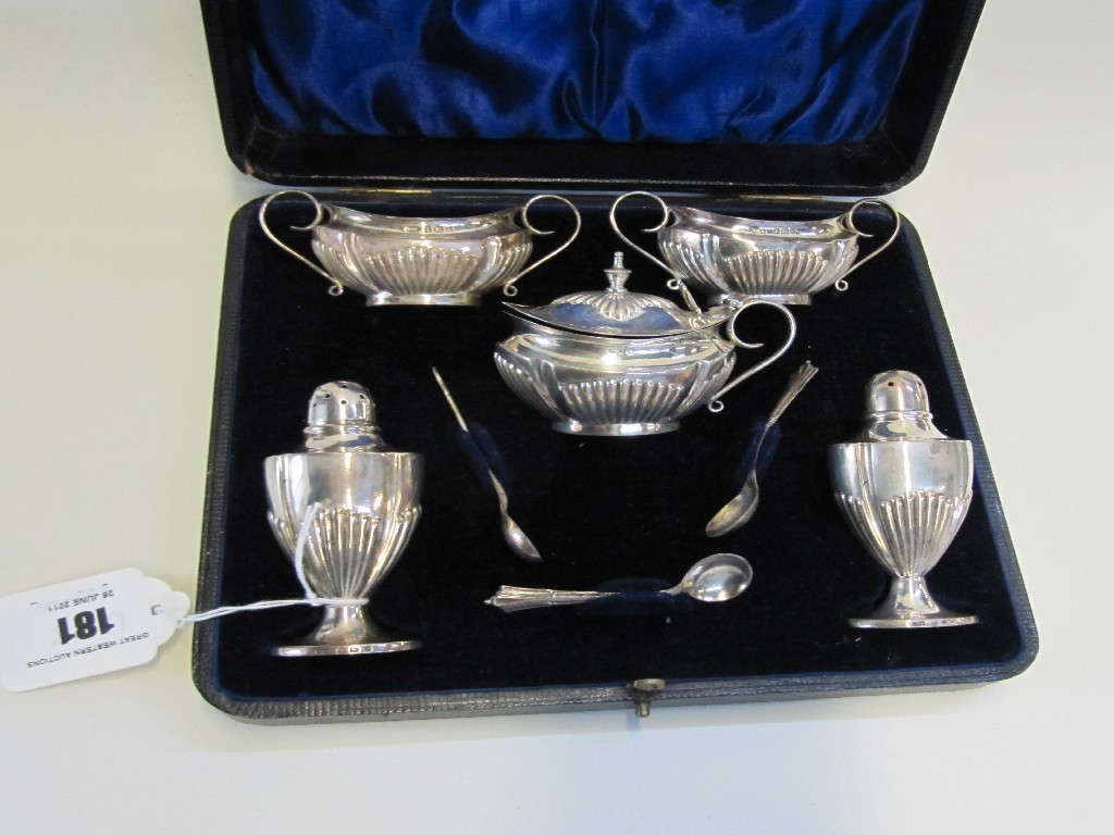 Appraisal: Cased five piece silver condiment set Birmingham and