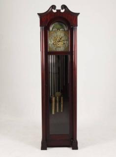 Appraisal: AMERICAN MAHOGANY TUBULAR GRANDFATHER CLOCK WITH EMBOSSED BRASS AND SILVER