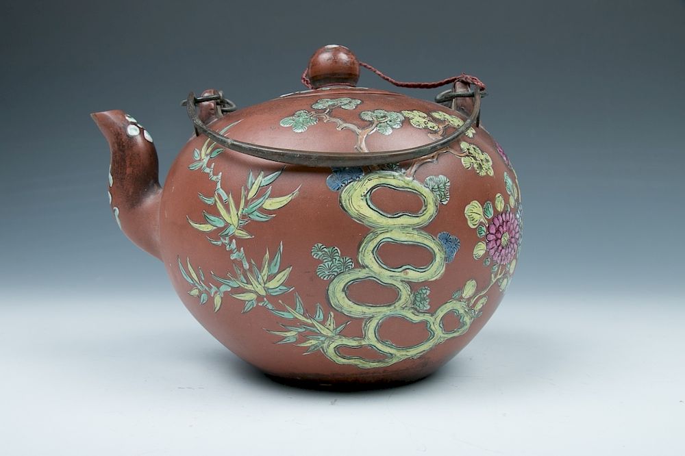 Appraisal: ZISHA POLYCHROME TEAPOT TH CENTURY The pot of globular form