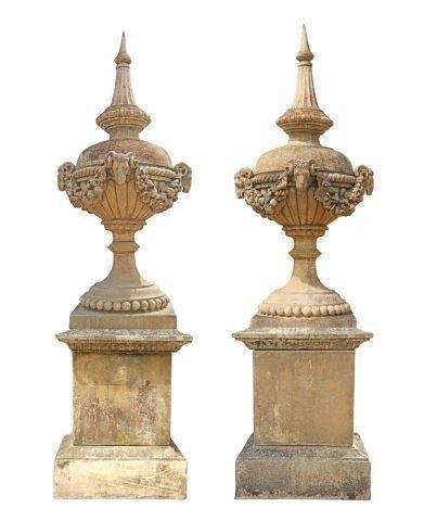 Appraisal: pair Large cast stone garden statuary lidded urns on pedestals