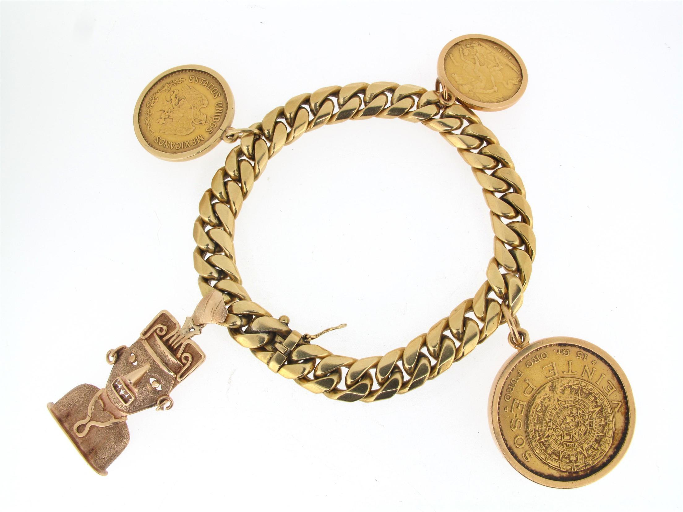 Appraisal: A gold flat curb link bracelet mounted with three gold