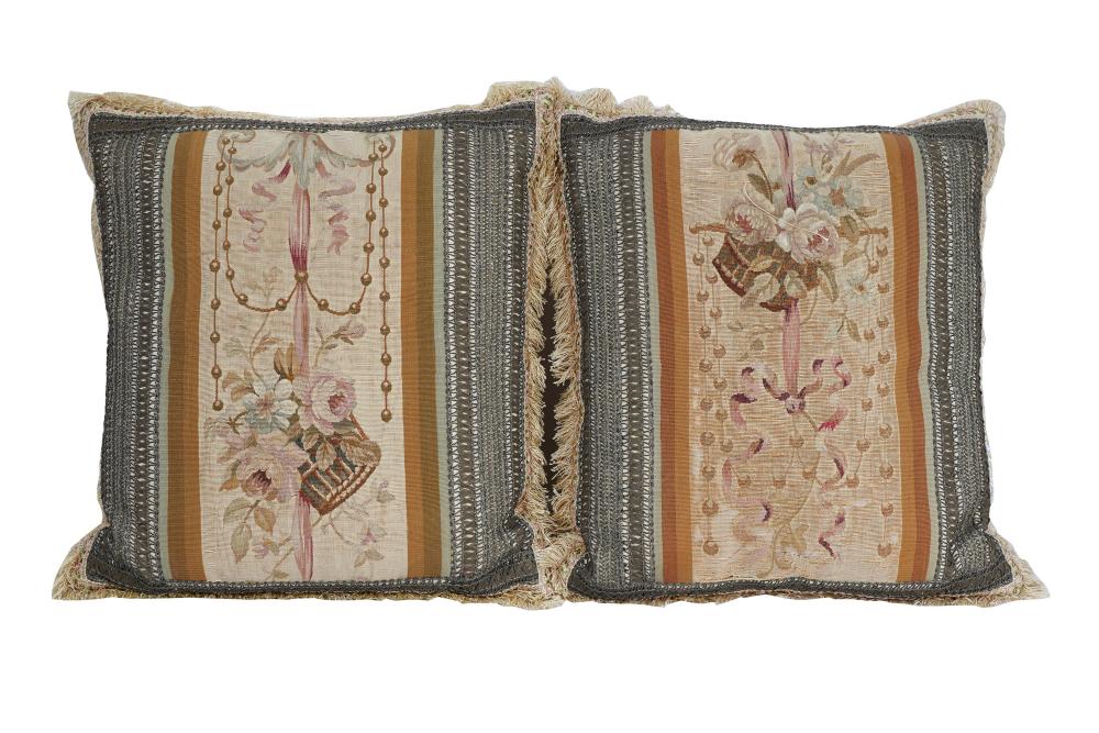 Appraisal: PAIR OF TAPESTRY FRAGMENT PILLOWSmodern fabric and trim each incorporating