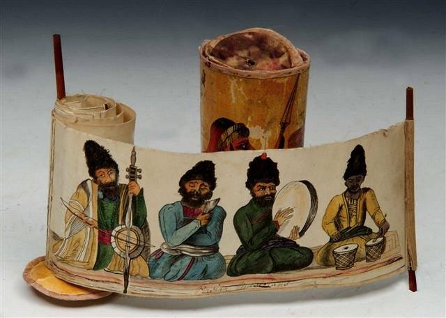 Appraisal: A SCROLL OF EARLY TH CENTURY WATERCOLOURS depicting Persian life