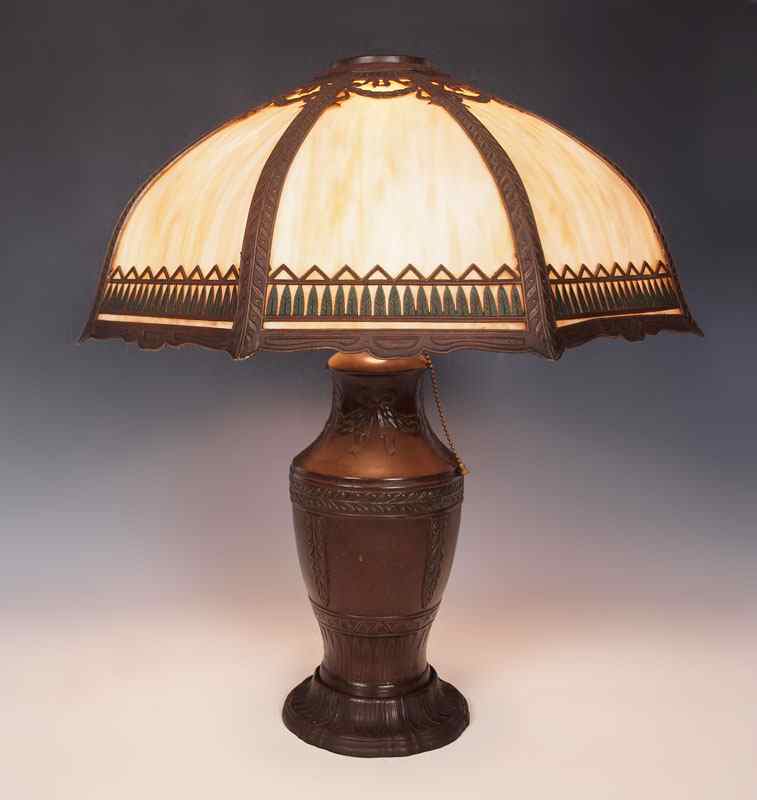 Appraisal: RAINAUD BENT PANEL CARAMEL SLAG GLASS LAMP Urn shaped base