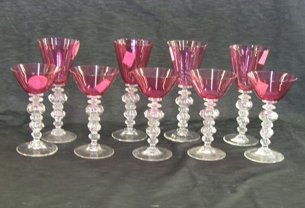 Appraisal: Good Nine-Piece German Cranberry and Colorless Glass Vertical Optic Rib