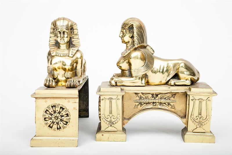 Appraisal: Pair of Empire Style Ormolu Sphinx-Form Chenets Each base applied